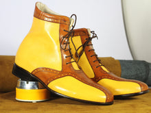Load image into Gallery viewer, Handmade Men&#39;s Fashion Stylish Yellow &amp; Brown Leather Ankle Lace Up Boots
