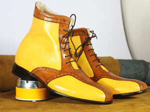 Handmade Men's Fashion Stylish Yellow & Brown Leather Ankle Lace Up Boots