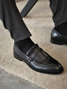 Handmade Men's Fringe Single Buckle Pure Black Leather Shoes