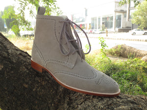 Handmade Men's Gray Color Ankle High Boot, Men's Suede Wing Tip Brogue Lace Up Boot