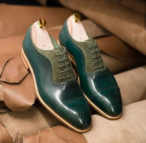 Handmade Men's Green Color Shoes Cap Toe Brogue Lace Up Leather Suede Formal Shoes