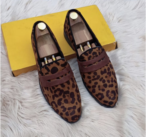 Handmade Men's Leopard Leather Penny Loafer Party Shoes