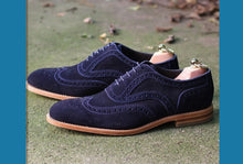 Load image into Gallery viewer, Handmade Men&#39;s Navy Blue Suede Shoes, Lace Up Stylish Wing Tip Brogue Dress Formal Shoes
