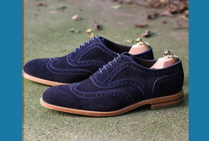 Handmade Men's Navy Blue Suede Shoes, Lace Up Stylish Wing Tip Brogue Dress Formal Shoes