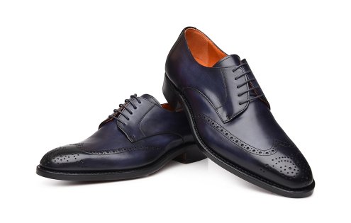 Handmade Men’s Navy Color Leather Shoes, Wing Tip Brogue Dress Lace Up Shoes