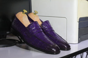 Handmade Men's Purple Alligator Texture Shoes, Men's Penny Loafer Style Formal Shoes