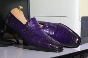 Handmade Men's Purple Alligator Texture Shoes, Men's Penny Loafer Style Formal Shoes