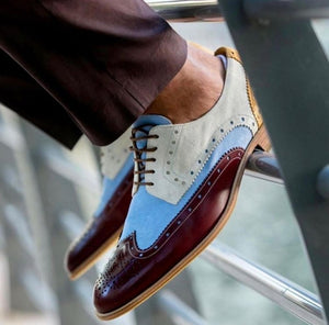 Handmade Men's Shoes, Men's Blue Burgundy Gray Leather & Suede Wing Tip Lace Up Casual Shoes.