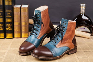 Handmade Men's Tan Brown Blue Boot Dress Leather Cap Toe Lace Up Ankle High Boot