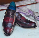 Handmade Men's Wing Tip Monk Shoes, Men's Burgundy Black Leather Strap Fringe Shoes