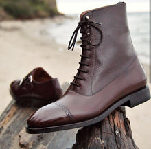 Load image into Gallery viewer, Handmade Men Cap Toe Shoes Boot Lace Up Ankle High Boot Leather Ankle boots
