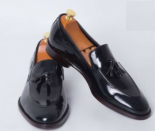 Handmade Mens Patent Leather Tassels Shoes, Men Black Tassels Moccasins Loafer
