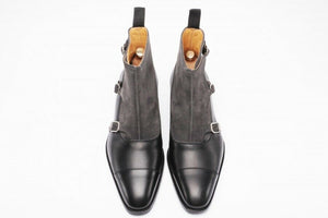 Handmade Black Leather Suede Triple Monk Boot,Oxford Boot - leathersguru