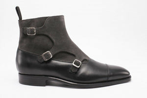 Handmade Black Leather Suede Triple Monk Boot,Oxford Boot - leathersguru
