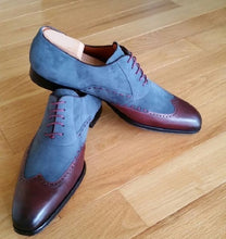 Load image into Gallery viewer, Handmade Men two tone wing tip shoes, Men blue and brown formal shoes, men
