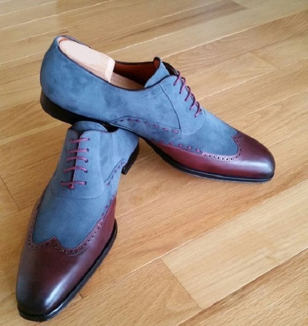 Handmade Men two tone wing tip shoes, Men blue and brown formal shoes, men