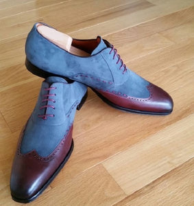 Handmade Men two tone wing tip shoes, Men blue and brown formal shoes, men