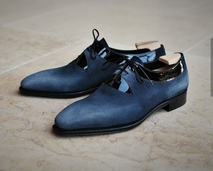 Handmade Navy Blue Black Patent Leather Suede Shoes, Men's Lace Up Derby Shoes