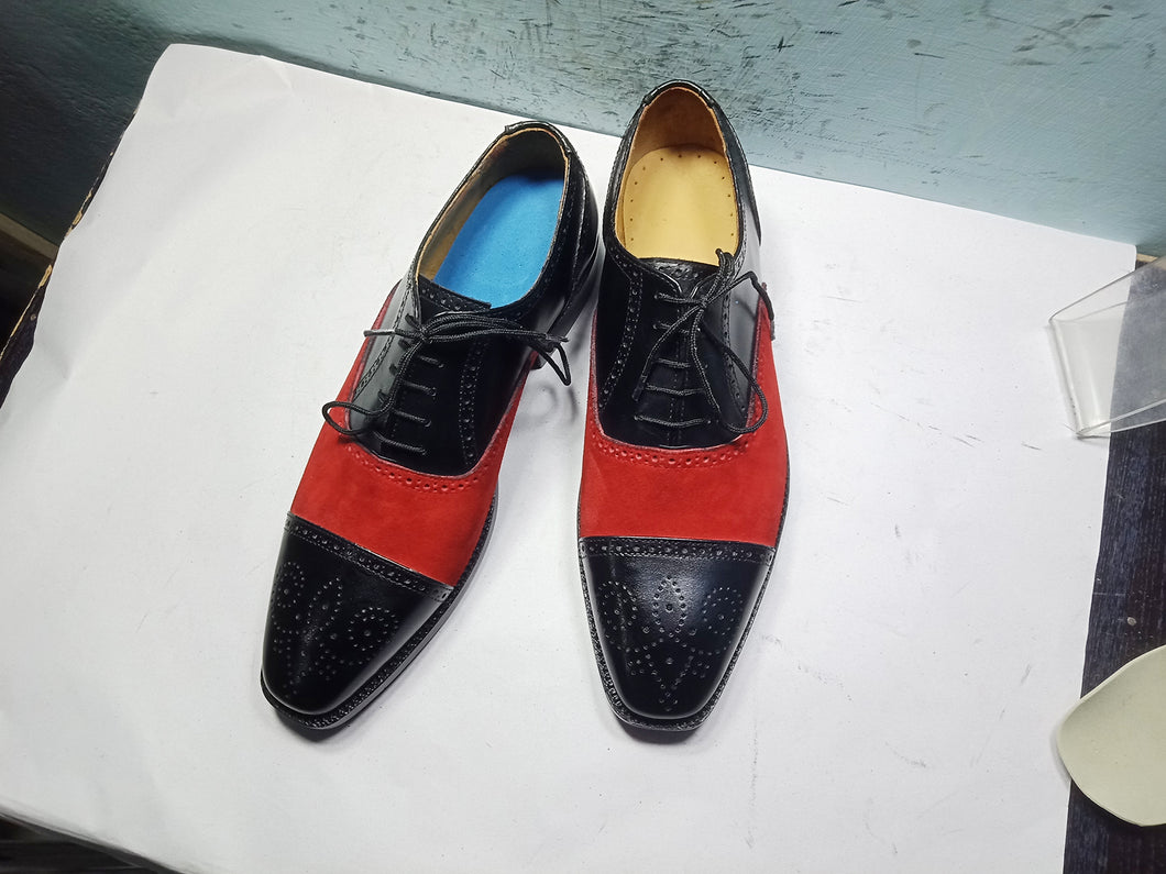 Handmade New Men red black Color Shoes, Men cap toe Lace Up Leather Formal Shoes