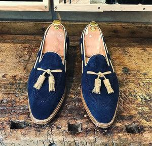 Handmade New Navy Blue Loafer Suede Shoe, Men's Tussles Fashion Slipper Shoes