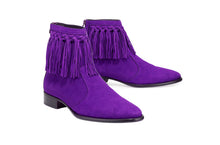 Load image into Gallery viewer, Handmade Purple Suede Leather Boot, New Men&#39;s Cow Boy Ankle High Fringe Boots
