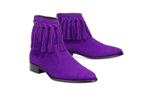 Handmade Purple Suede Leather Boot, New Men's Cow Boy Ankle High Fringe Boots