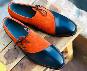 Handmade Stylish Blue & Tan Leather Suede shoes, Men's Lace Up Formal Shoes