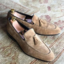 Handmade Suede Leather Tassel Loafer Shoes For Men's, Formal Suede Shoes, dress leather slip on moccasin beige color