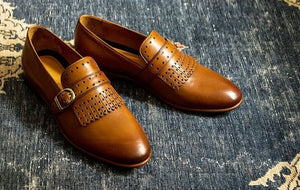 Handmade Tan Fringe Monk Loafers Leather Shoes For Men's