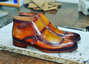 Handmade Tan Leather Buckle Boot, Men's Double Monk Strap Brogue Boots