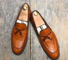 Load image into Gallery viewer, Handmade Tan Ostrich Leather Formal Loafer Tussle Shoes For Men&#39;s
