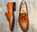 Handmade Tan Ostrich Leather Formal Loafer Tussle Shoes For Men's