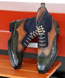 Handmade Three Tone Wingtip Boots Rubber Sole For Men's
