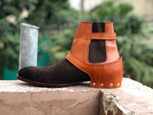 Load image into Gallery viewer, Handmade Two Tone Leather Suede Chelsea Buckle Style Ankle High Men&#39;s Classic Boot
