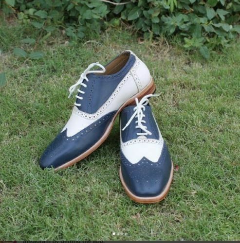 Handmade Two Tone Wing Tip Lace Up Leather Dress Shoes For Men's 