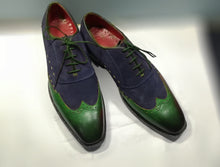 Load image into Gallery viewer, Handmade Two tone Green Navy Leather Shoes, Men Wingtip Suede &amp; leather shoes
