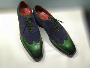 Handmade Two tone Green Navy Leather Shoes, Men Wingtip Suede & leather shoes
