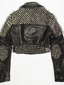  Women Black Leather Rock Women Steam Punk Style Studded Biker Jacket Silver Long Studs 