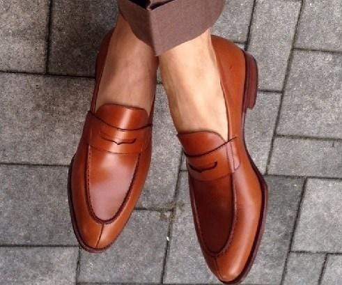 Handmade Tan Penny Loafers Split Toe Leather Shoes - leathersguru