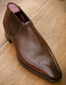 Handmade Brown Chelsea Half Ankle Brogue Boot - leathersguru