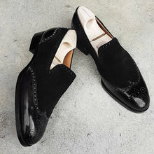 Load image into Gallery viewer, Bespoke Black  Suede Leather Wing Tip Toe Loafer Shoe - leathersguru
