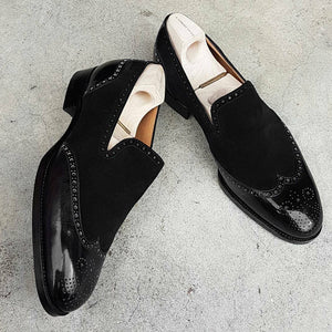Bespoke Black  Suede Leather Wing Tip Toe Loafer Shoe - leathersguru