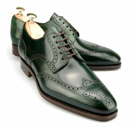 Bespoke Green Leather Wing Tip Lace Up Shoes for Men's - leathersguru