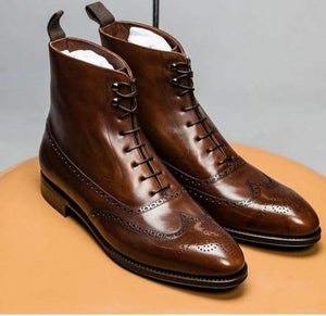 Handmade Men's Ankle Brown Leather Wing Tip lace Up Boot - leathersguru