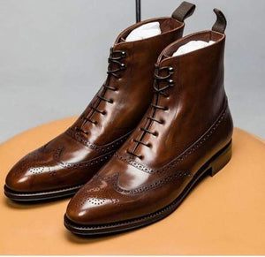 Handmade Men's Ankle Brown Leather Wing Tip lace Up Boot - leathersguru