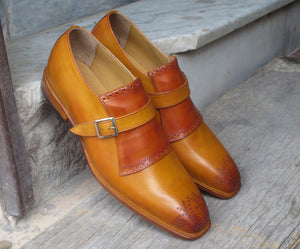 Bespoke Tan Brown Leather Monk Strap Shoes for Men's - leathersguru