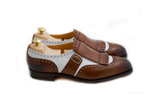 Load image into Gallery viewer, Bespoke Brown &amp; White Leather Fringe Monk Strap Shoe for Men - leathersguru
