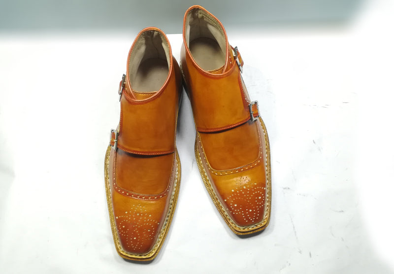 Handmade men's Tan Color Leather Boot, Men's Double Monk Strap dress Formal Boot