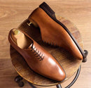 Handmade wholecut dress shoes, men leather formal office shoes, tan laces shoes mens
