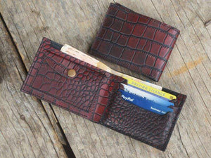 Husband Gift, Boyfriend gift, Father gift, Men's leather bifold wallet, thin leather wallet, Traditional Alligator Texture Oxblood Wallet - leathersguru